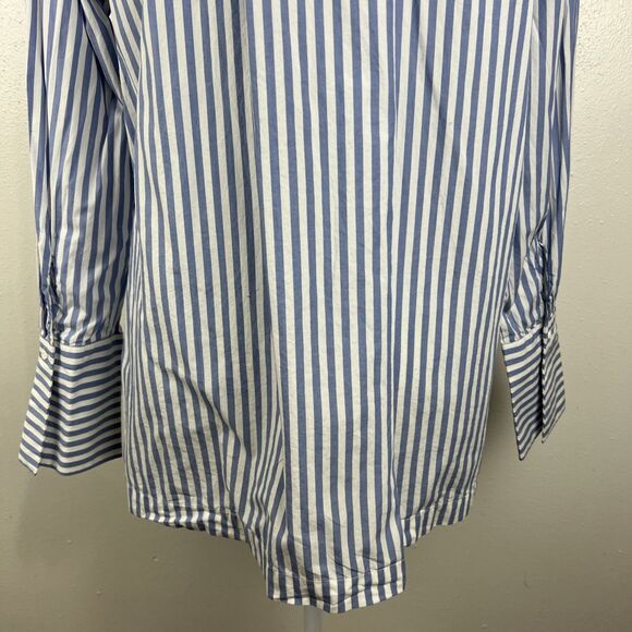 H&M Blouse Women 14 Blue White Vertical Striped Henley Long Sleeve Casual Top - Picture 13 of 14